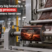 Printed flexible laminate film running through packaging machine rollers with Ember & Earth coffee pouches displayed nearby, illustrating packaging options when comparing the Best Flexible Laminates Brand in India