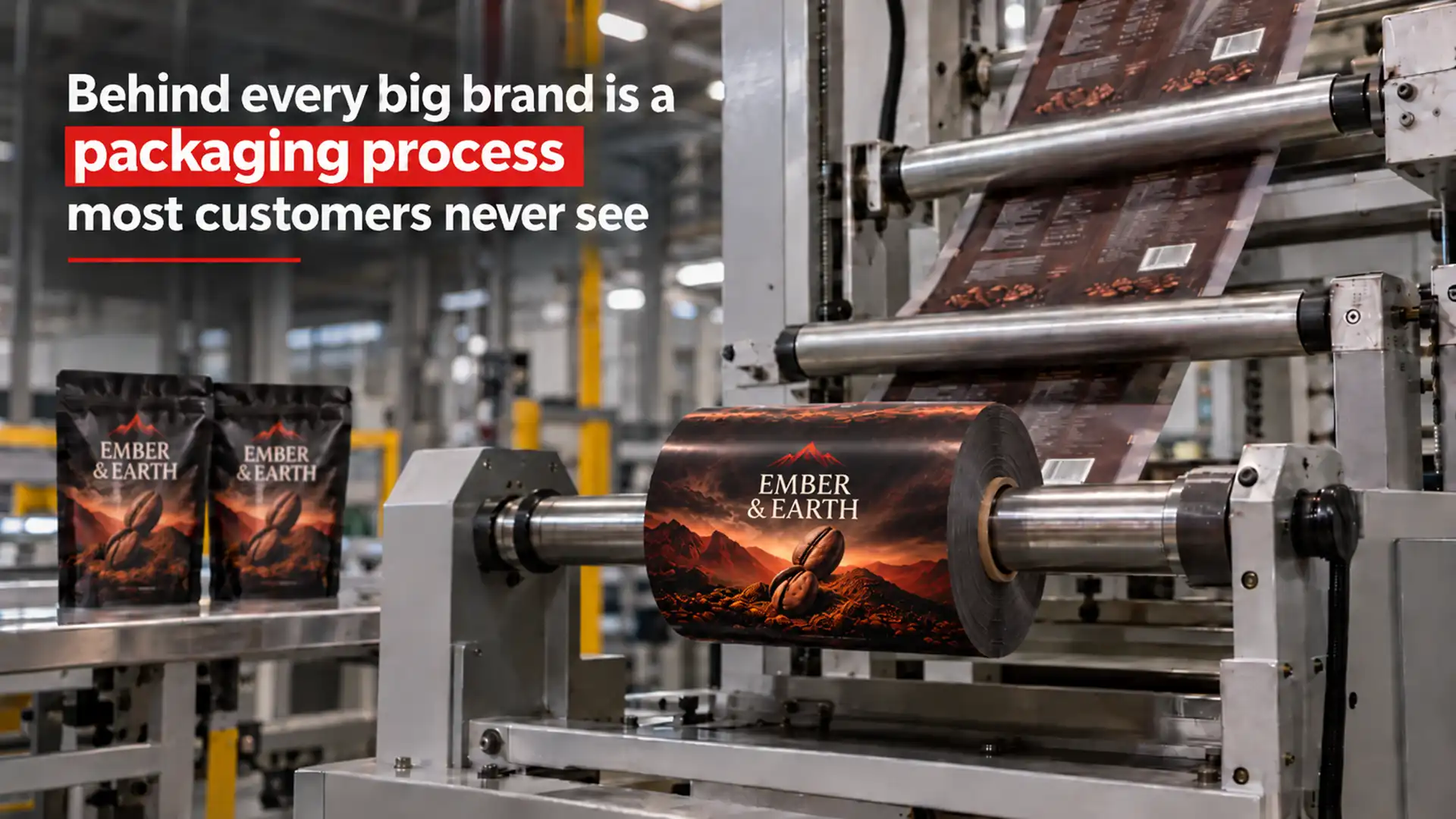 Printed flexible laminate film running through packaging machine rollers with Ember & Earth coffee pouches displayed nearby, illustrating packaging options when comparing the Best Flexible Laminates Brand in India