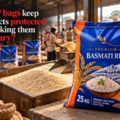 Ashoka Poly Laminators Products as a BOPP Bags Manufacturer showing printed 25 kg basmati rice bags used for bulk food packaging and product presentation