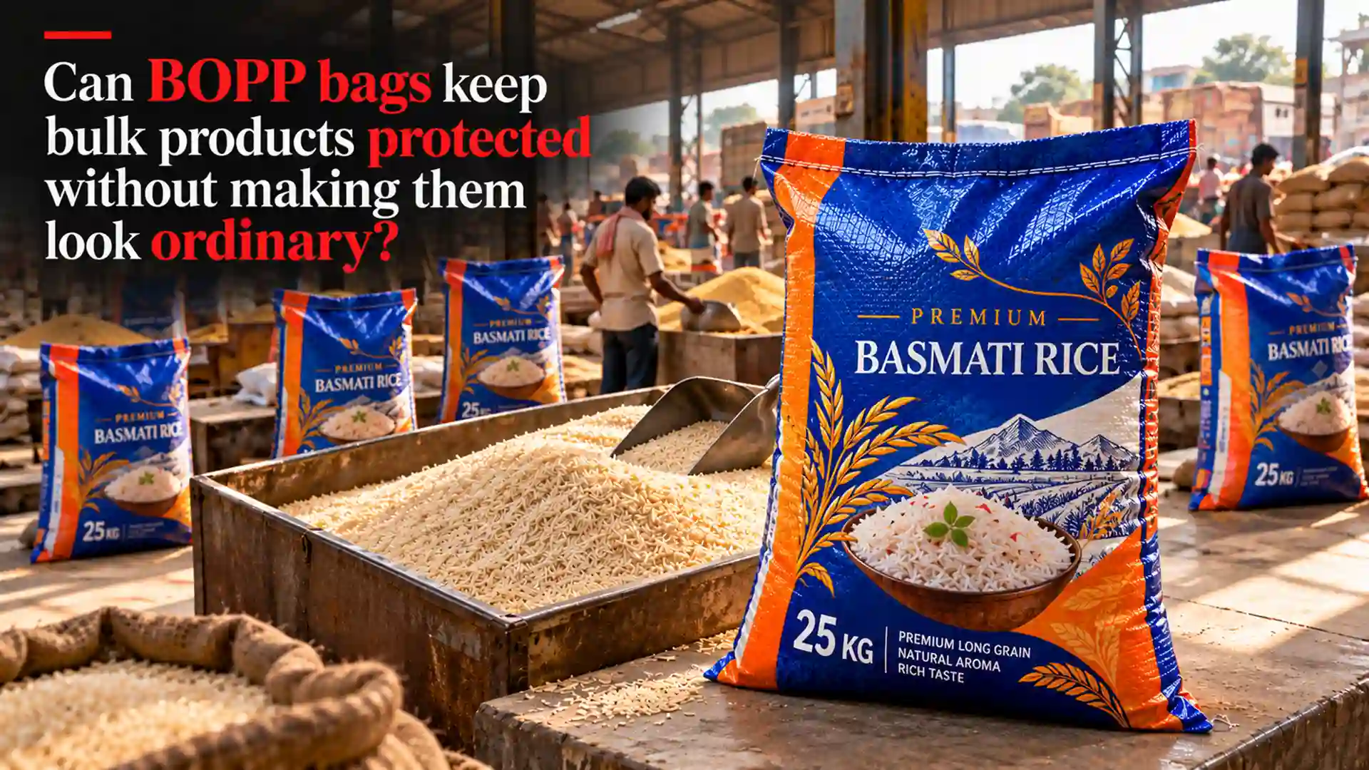 Ashoka Poly Laminators Products as a BOPP Bags Manufacturer showing printed 25 kg basmati rice bags used for bulk food packaging and product presentation