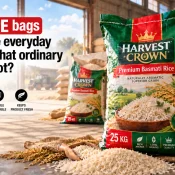HDPE Bag Manufacturers supplying printed 25 kg rice bags displayed in a warehouse with packaged basmati rice, loose grains, and bulk storage in the background