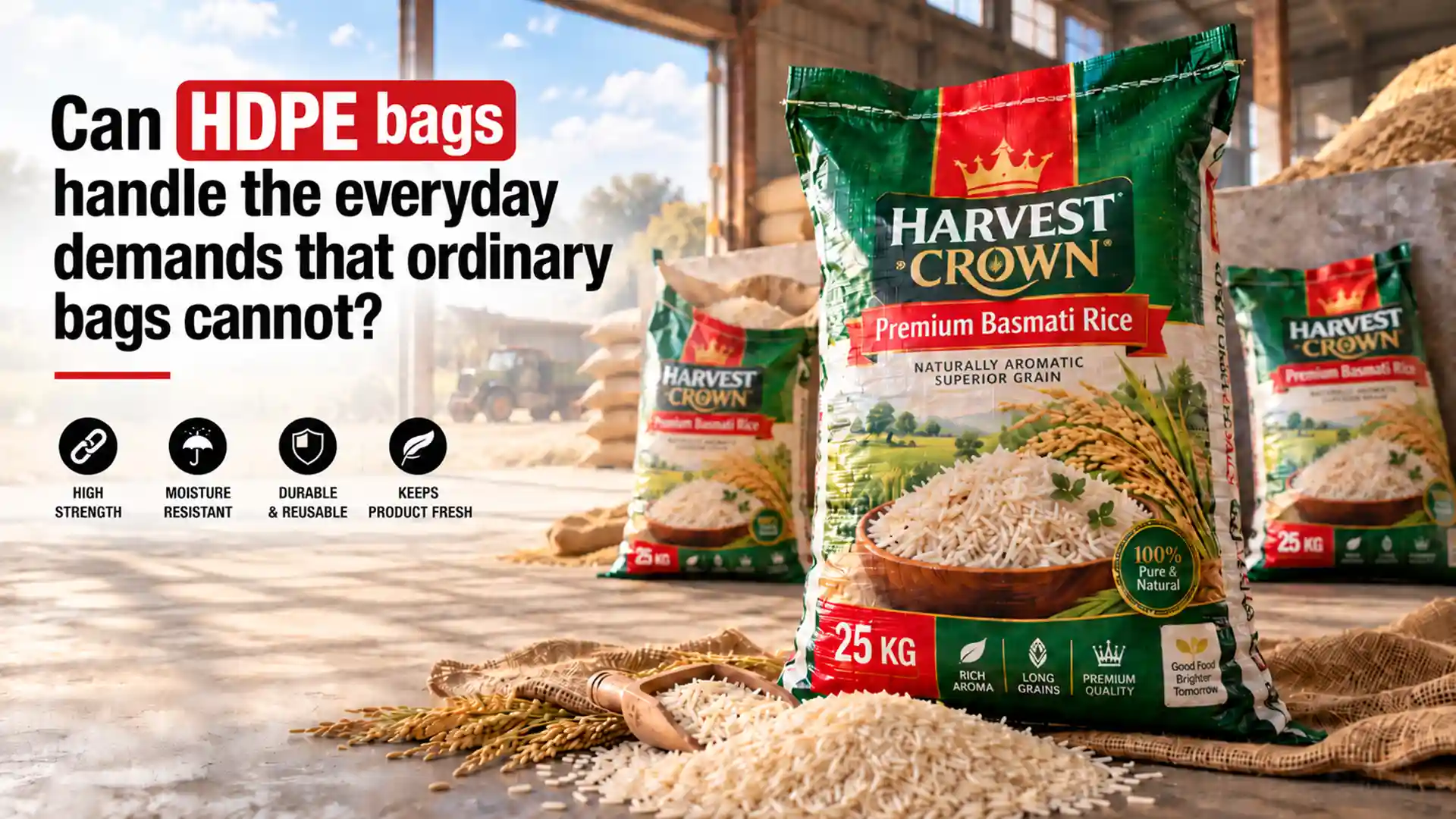 HDPE Bag Manufacturers supplying printed 25 kg rice bags displayed in a warehouse with packaged basmati rice, loose grains, and bulk storage in the background