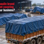 Best Tarpaulin Brand in India showing blue tarpaulin covers used for trucks, outdoor material storage, and industrial goods protection