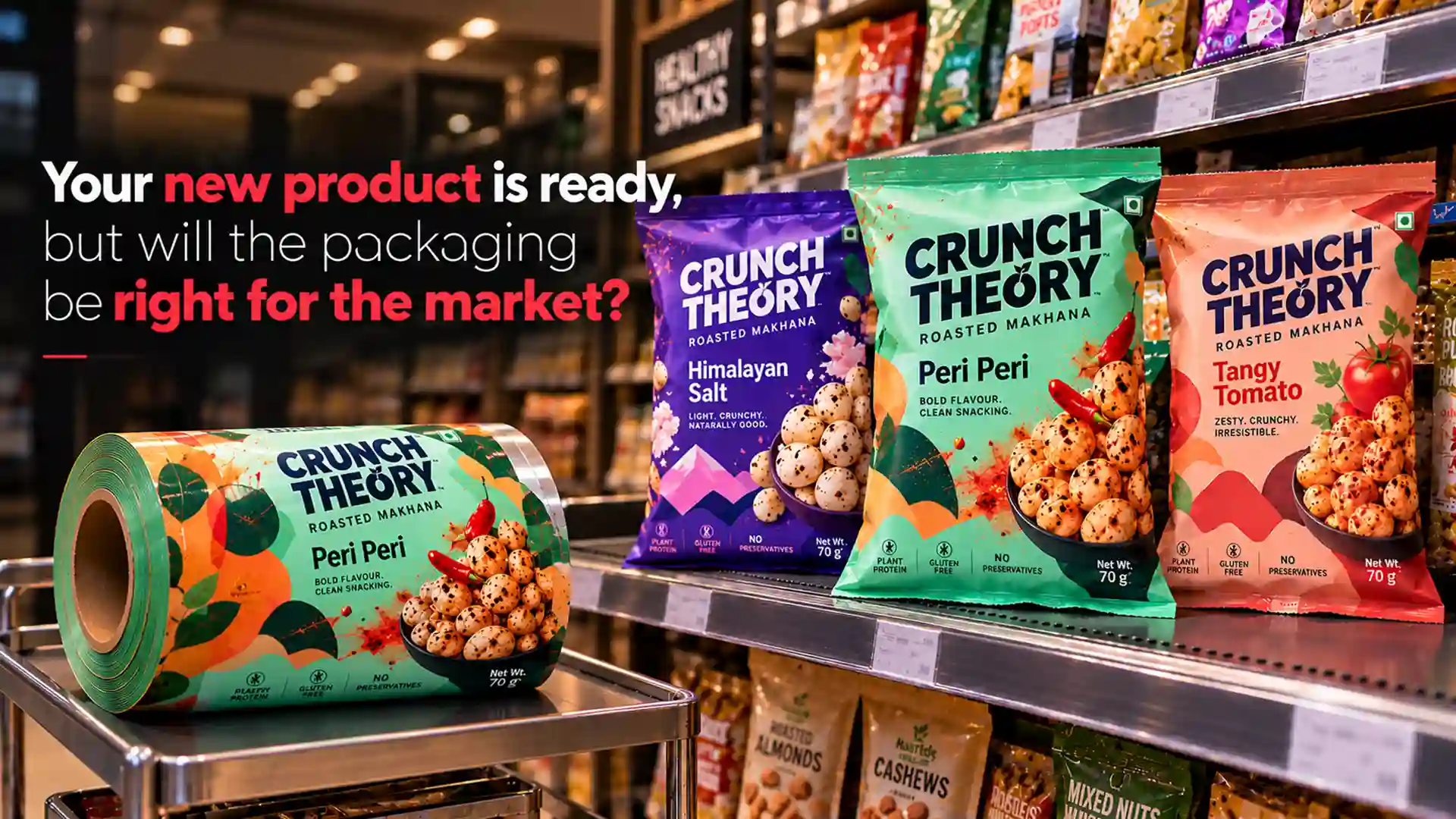 Packaging Material Supplier showing colourful printed snack pouches for roasted makhana in different flavours alongside a matching flexible packaging film roll on a supermarket shelf