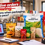 Colourful printed food packaging bags for rice, flour, spices and pulses displayed in a packaging factory, highlighting the Best Packaging Bag Factory in India for bulk festive orders.