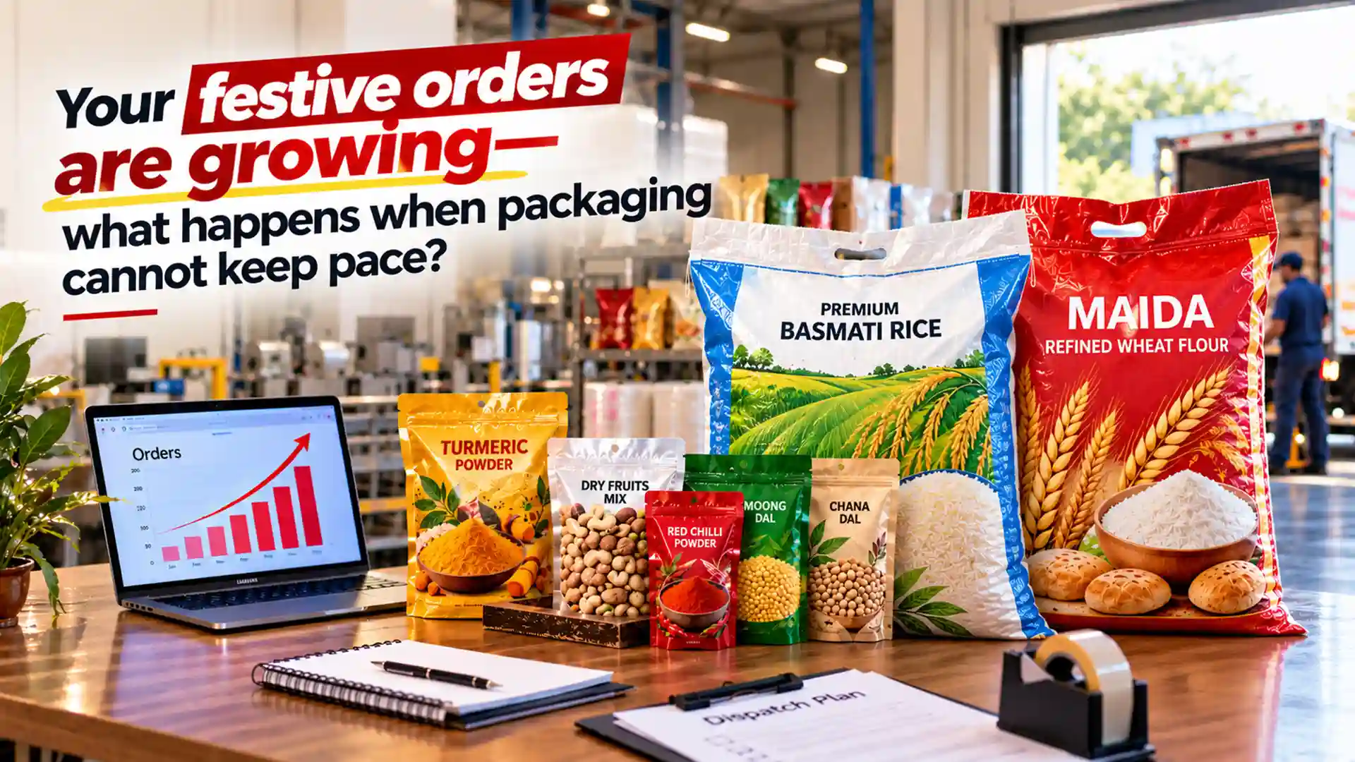 Colourful printed food packaging bags for rice, flour, spices and pulses displayed in a packaging factory, highlighting the Best Packaging Bag Factory in India for bulk festive orders.