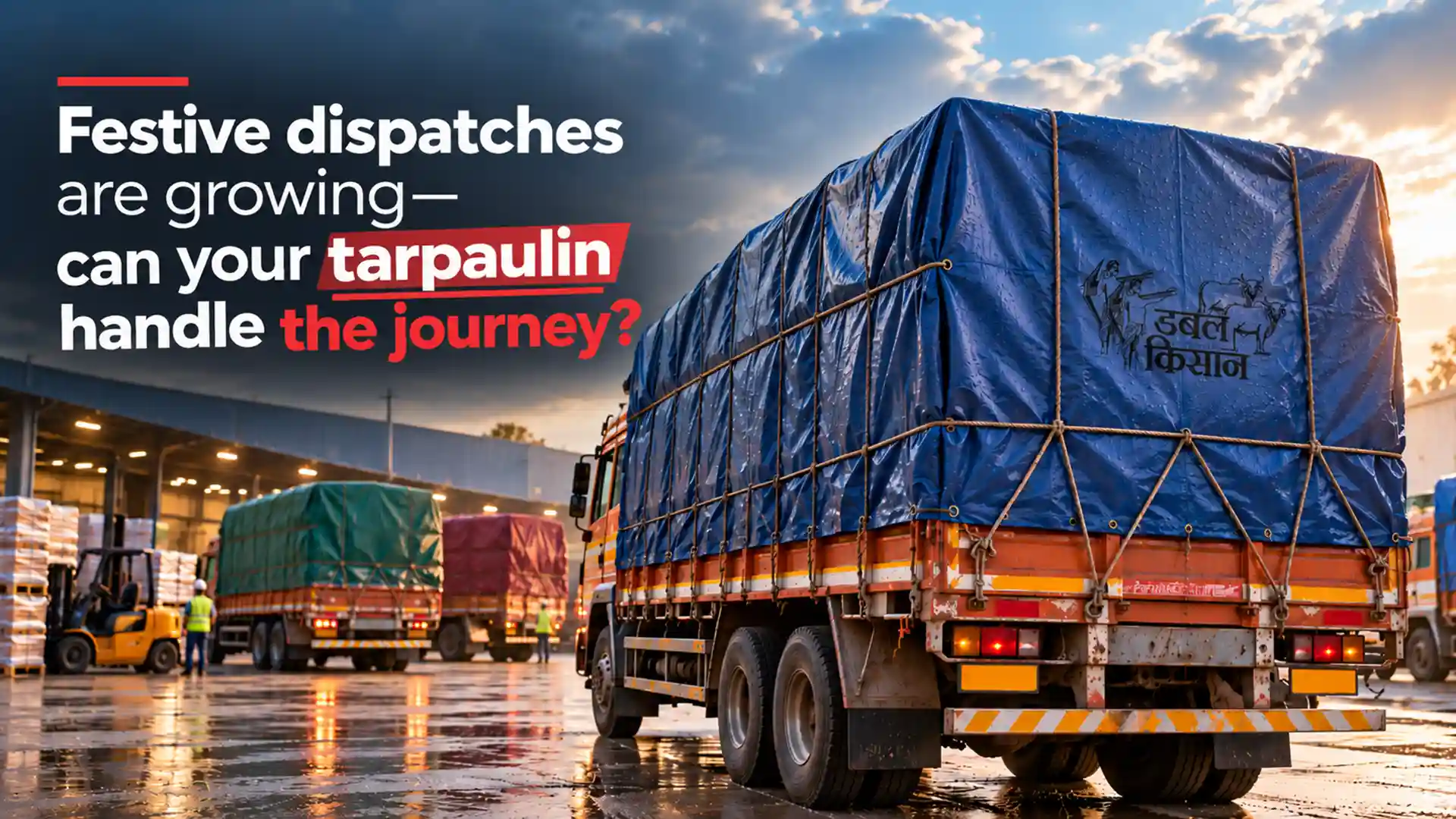 Export Quality Tarpaulin Manufacturer showcasing a large cargo truck covered with a blue tarpaulin secured by ropes, with other transport vehicles outside a warehouse on wet pavement during festive dispatches