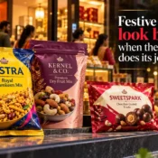 Colourful printed BOPP bags for namkeen, dry fruits and chocolate treats displayed in a festive retail setting, highlighting the Best BOPP Bags Brand in India.
