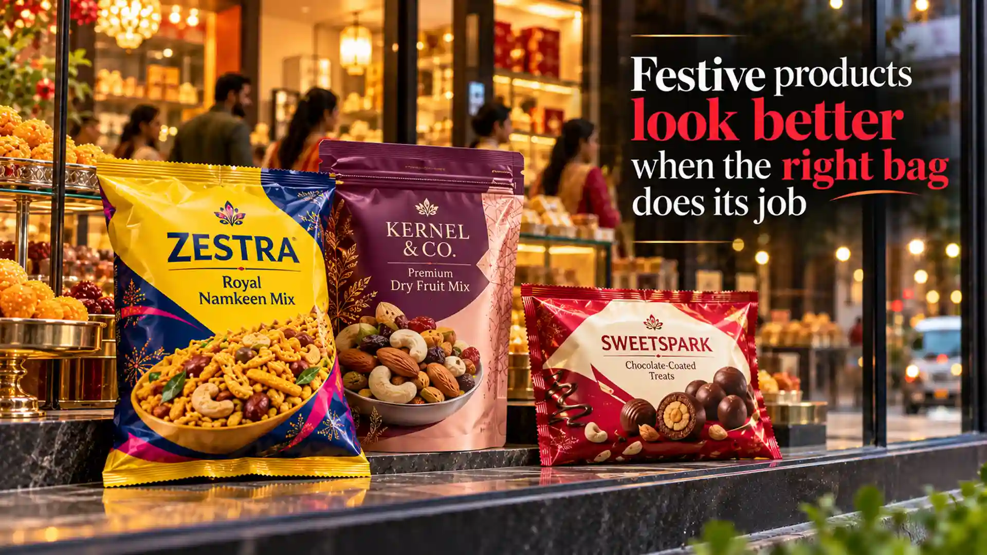 Colourful printed BOPP bags for namkeen, dry fruits and chocolate treats displayed in a festive retail setting, highlighting the Best BOPP Bags Brand in India.