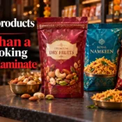 Colourful printed flexible laminate pouches for dry fruits, namkeen and Indian sweets displayed in a festive retail setting, highlighting the Best Flexible Laminates Brand in India.