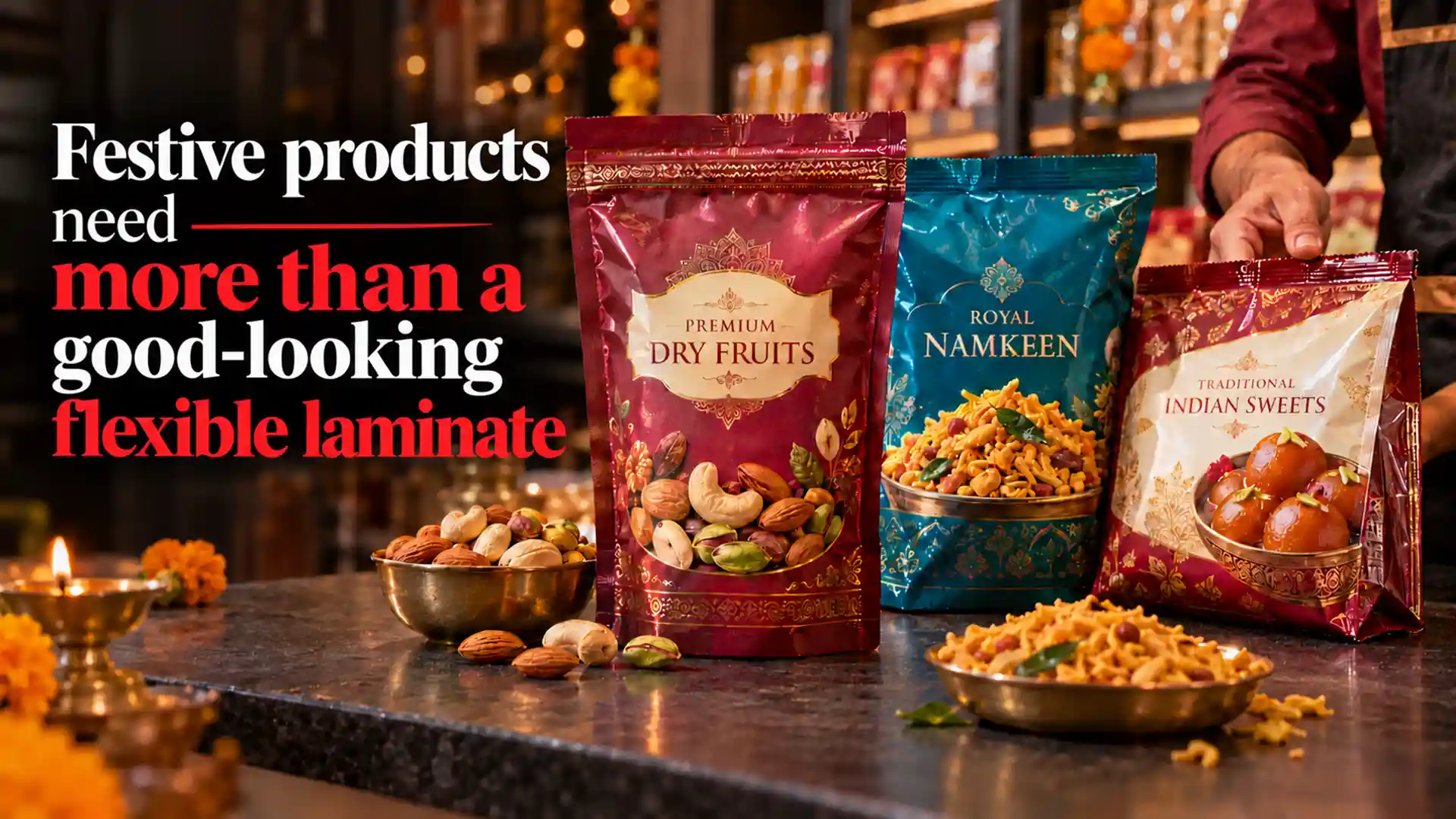 Colourful printed flexible laminate pouches for dry fruits, namkeen and Indian sweets displayed in a festive retail setting, highlighting the Best Flexible Laminates Brand in India.
