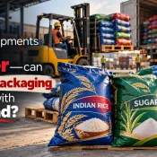 Best HDPE Woven Bags Brand in India showcasing durable woven packaging for rice, sugar and cattle feed during large-scale warehouse loading and dispatch.
