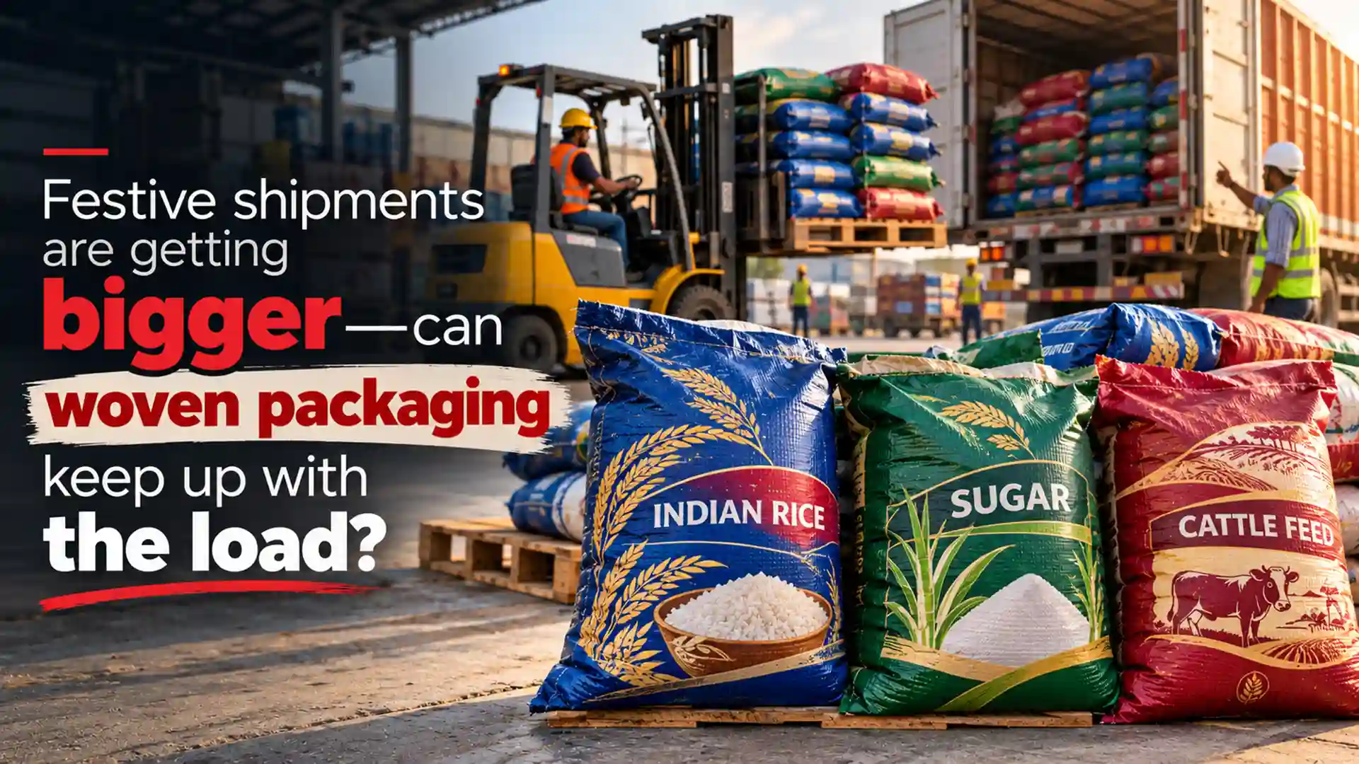 Best HDPE Woven Bags Brand in India showcasing durable woven packaging for rice, sugar and cattle feed during large-scale warehouse loading and dispatch.