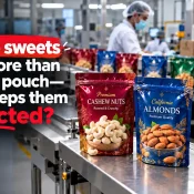 Printed laminated pouches for cashew nuts, almonds, and namkeen displayed on a packaging production line, illustrating options for buyers comparing the Best Laminated Pouch Brand in India