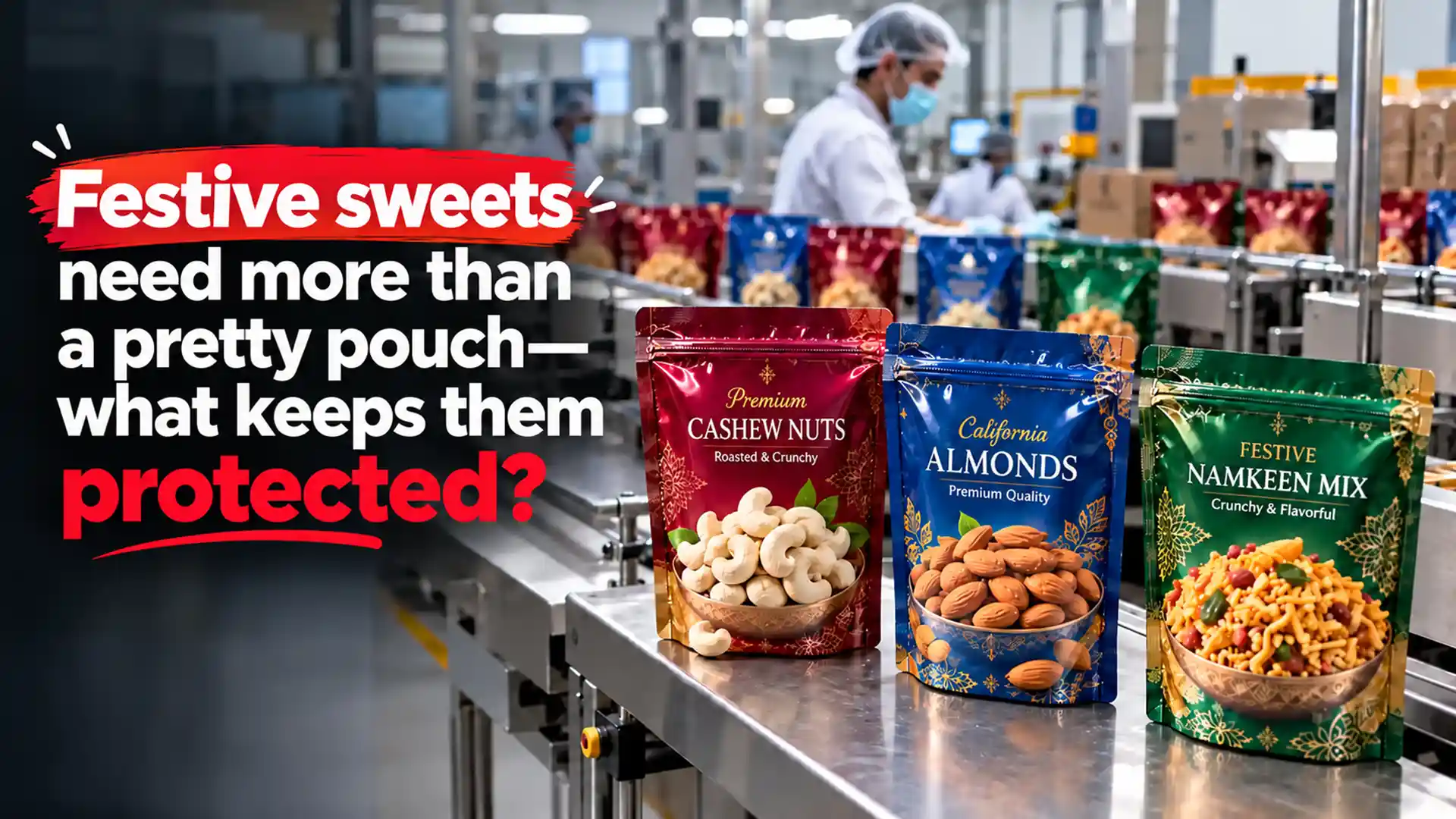 Printed laminated pouches for cashew nuts, almonds, and namkeen displayed on a packaging production line, illustrating options for buyers comparing the Best Laminated Pouch Brand in India
