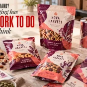 Flexible Packaging Supplier showing printed stand-up pouches, snack packs, and flexible packaging rolls designed for granola, mixed nuts, and trail mix products
