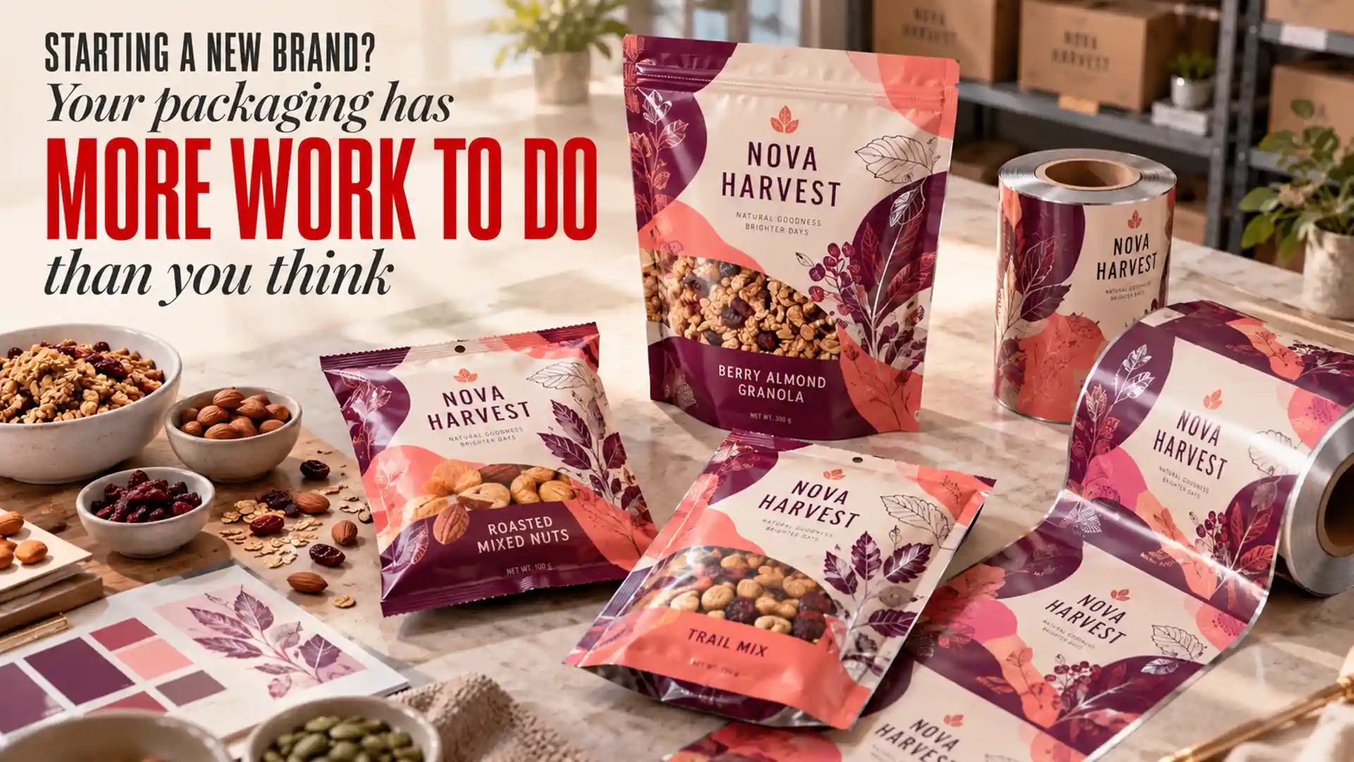 Flexible Packaging Supplier showing printed stand-up pouches, snack packs, and flexible packaging rolls designed for granola, mixed nuts, and trail mix products