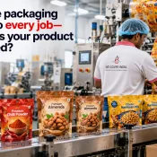 Best Laminated Pouch Brand in India topic showing laminated stand-up pouches for chilli powder, almonds, and namkeen moving through a packaging production line