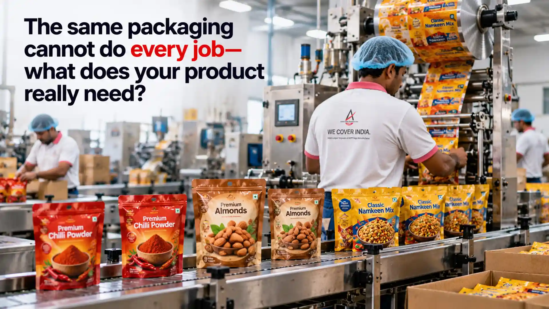Best Laminated Pouch Brand in India topic showing laminated stand-up pouches for chilli powder, almonds, and namkeen moving through a packaging production line