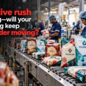 Busy packaging factory with workers handling printed food and consumer product pouches on a conveyor, illustrating production capabilities to consider when choosing the Best Packaging Solution Brand in India