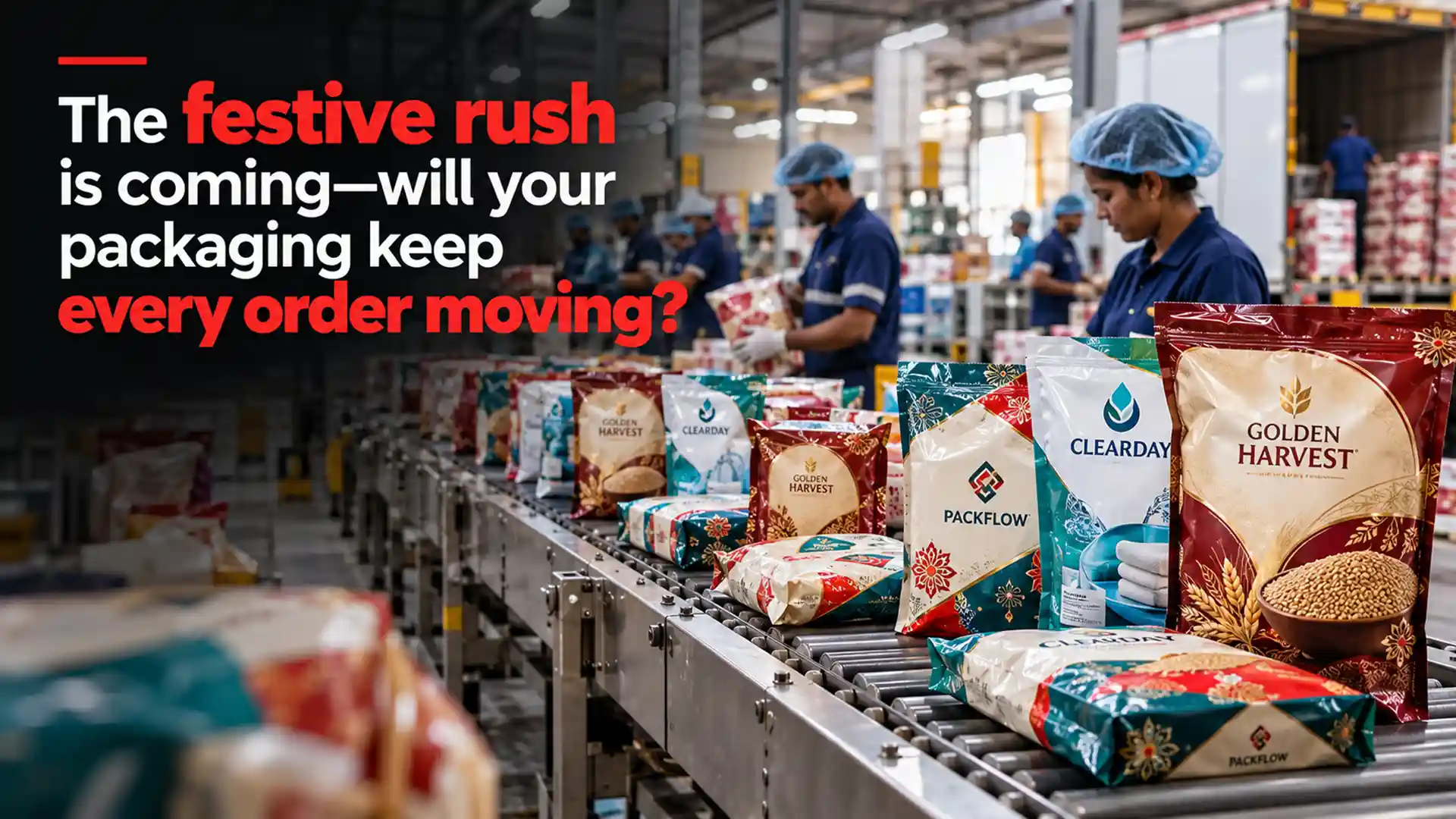 Busy packaging factory with workers handling printed food and consumer product pouches on a conveyor, illustrating production capabilities to consider when choosing the Best Packaging Solution Brand in India