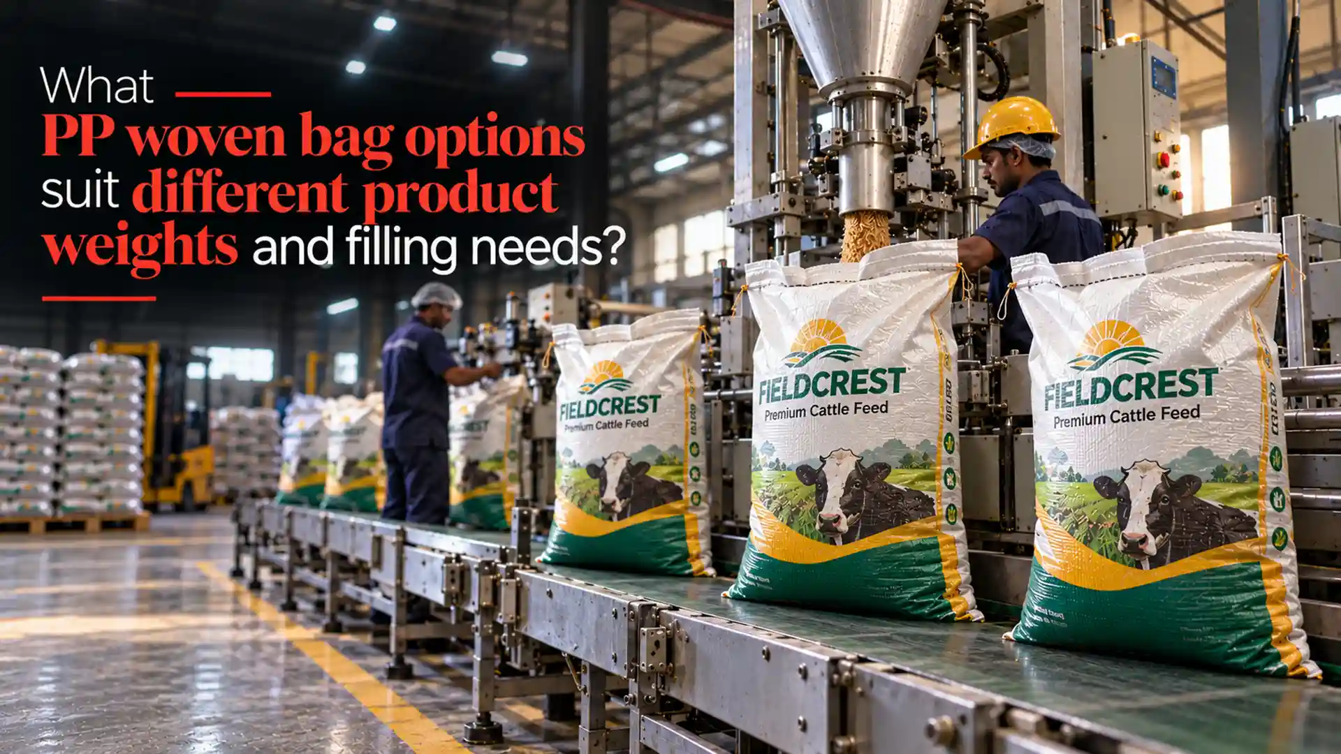 PP Woven Bags Supplier providing woven bags for cattle feed with different filling and product weight requirements on an automated packaging line