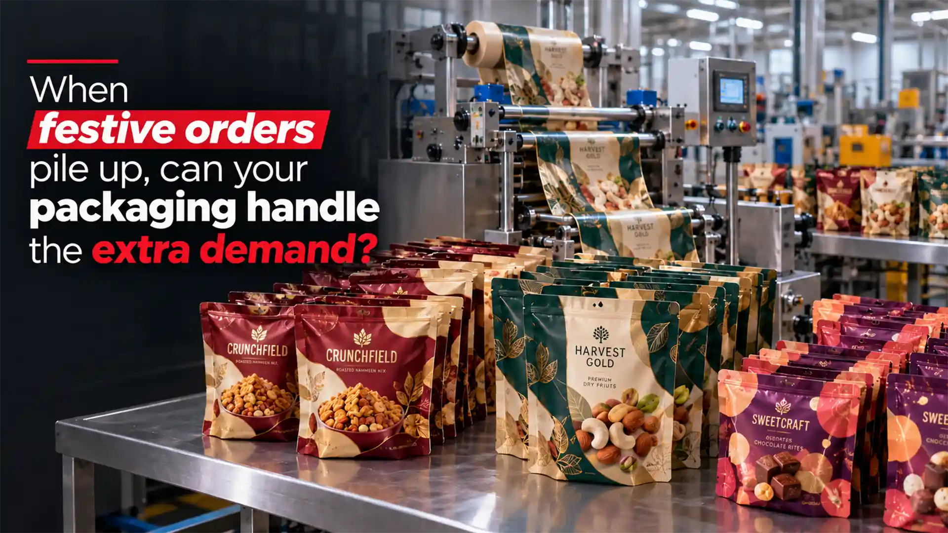 Laminated Packaging Manufacturer showcasing printed pouches for namkeen, dry fruits, and chocolates arranged beside packaging film running through machinery in a manufacturing facility