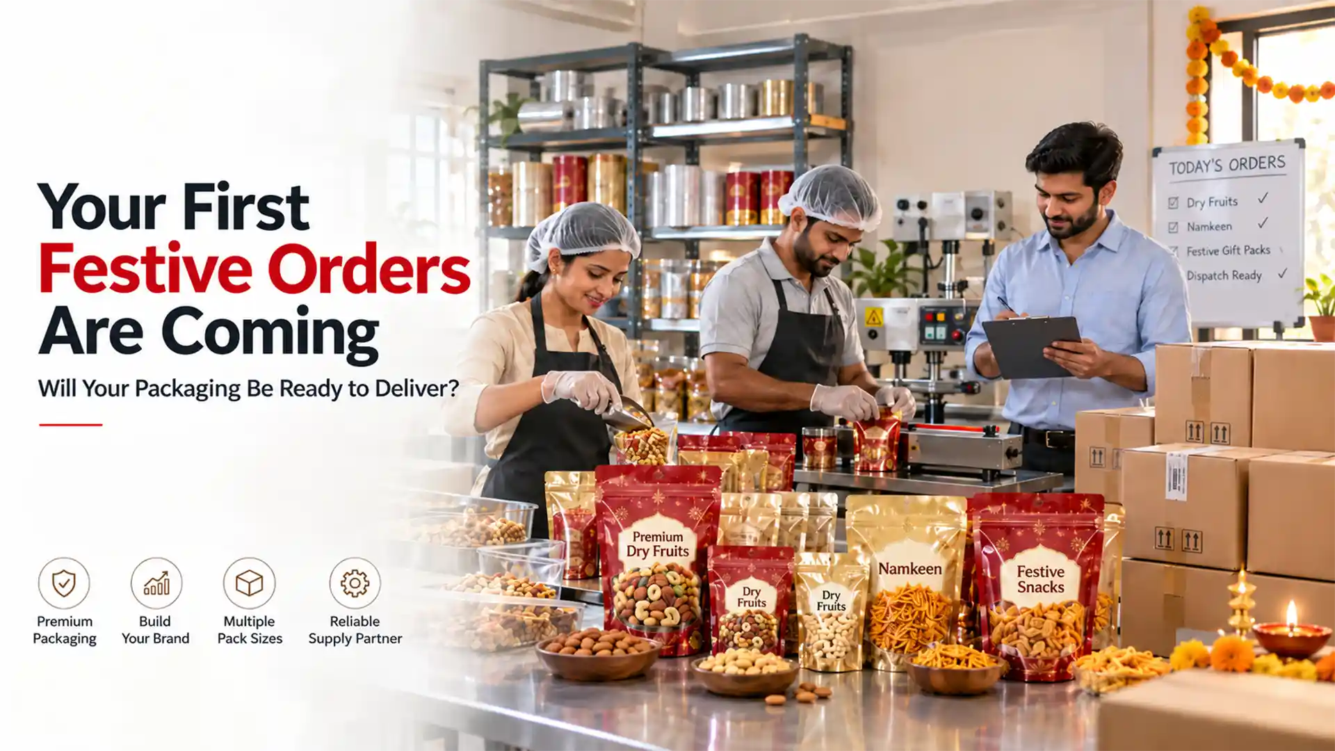 Packaging Solution for New Business showing workers filling and sealing printed pouches for dry fruits, namkeen, and festive snacks while a supervisor checks orders in a packaging facility