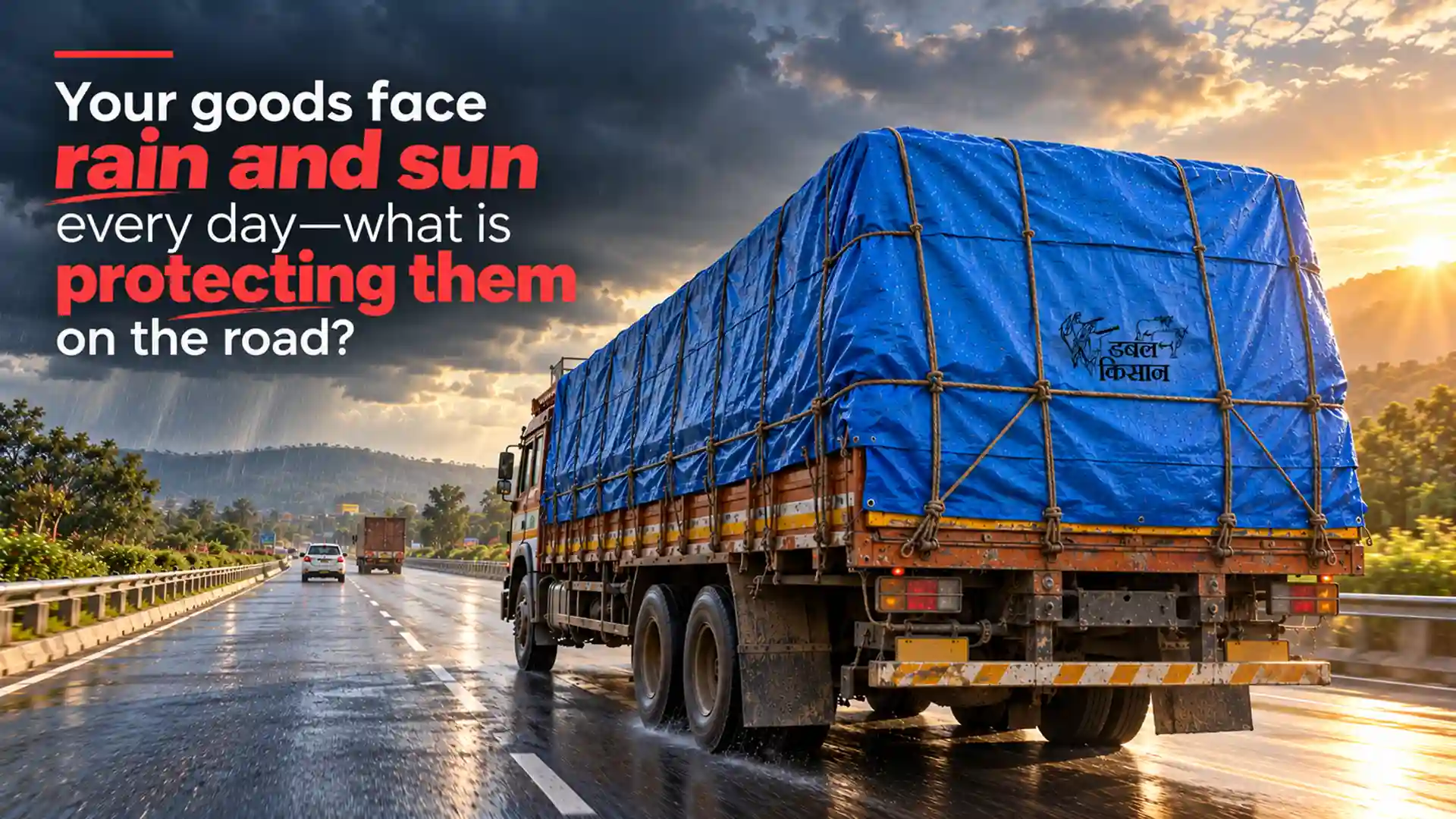 Large cargo truck travelling on a wet highway with its load covered by a blue tarpaulin secured with ropes, illustrating transport protection when comparing the Best Tarpaulin Brand in India